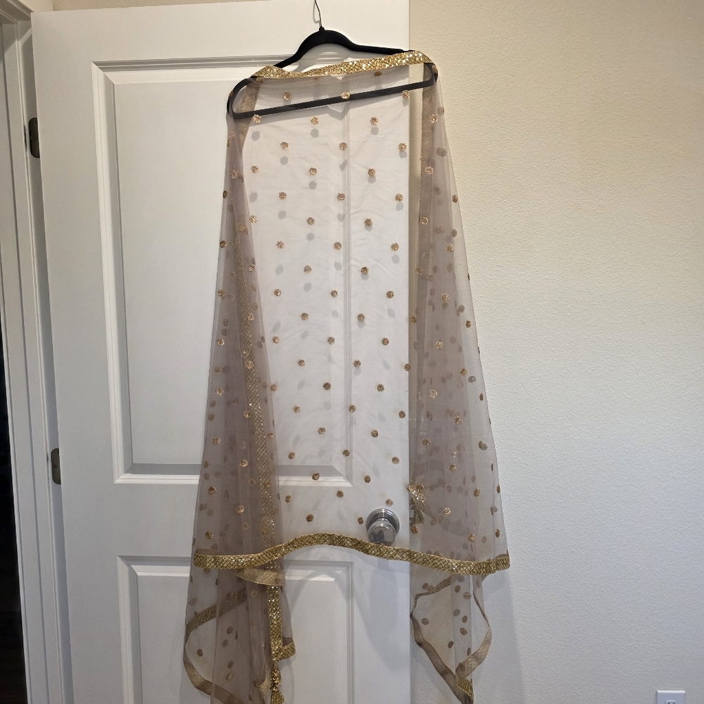 Gray and Gold Floral Embroidered Kurta Gharara with Dupatta - L/XL - Picture 7 of 13